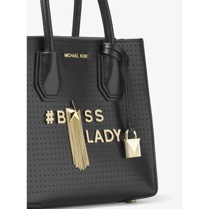 Michael Kors Black & Gold Boss Lady Star Mercer Perforated Leather Crossbody Bag